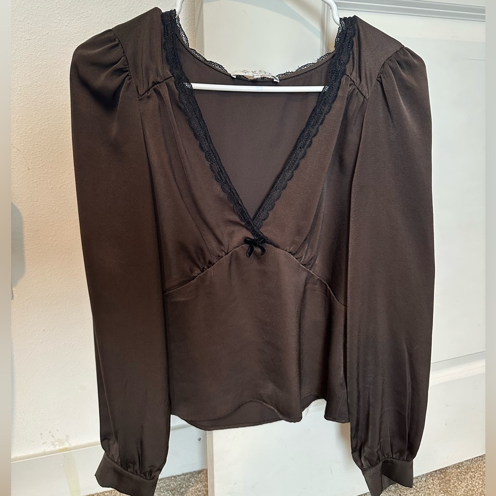 Wayf Chocolate Blouse with Black Lace Detail